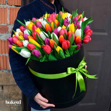 101 разноцветный тюльпан в коробке